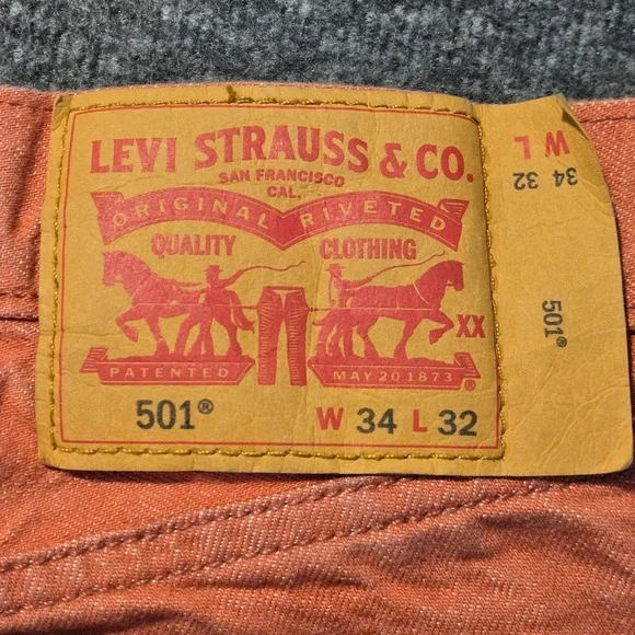 Levis 501 White Oak Cone Denim Jeans Button Fly Salmon Orange Mens Fit Sz 32x29 - Picture 9 of 14